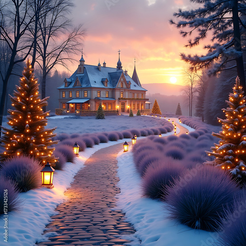 Enchanted Winter Mansion with Christmas Lights and Snowy Path at Sunset