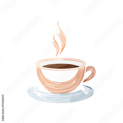 Stylized illustration of a steaming cup of coffee on a saucer, depicted with watercolor and line art.