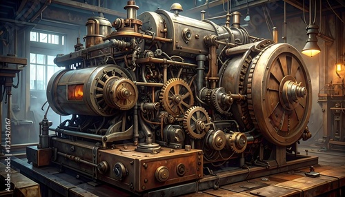 Steampunk engine in a workshop
