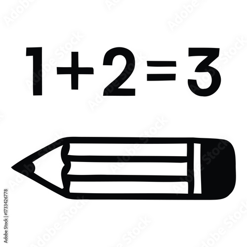 Simple Math Equation (1+2=3) with Pencil Icon: Basic Arithmetic Vector Design