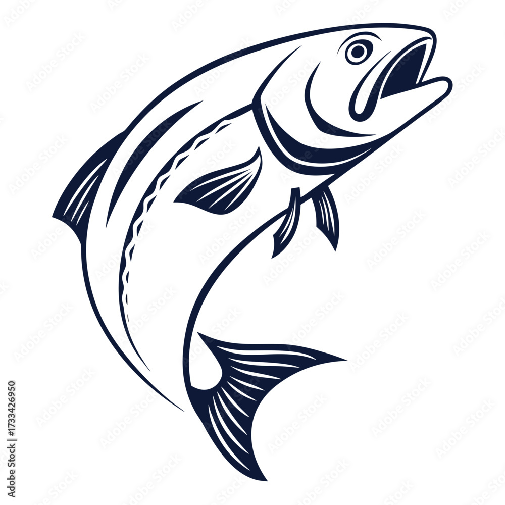 Naklejka premium Illustration of a jumping fish with detailed fins and open mouth in black and white outline design style