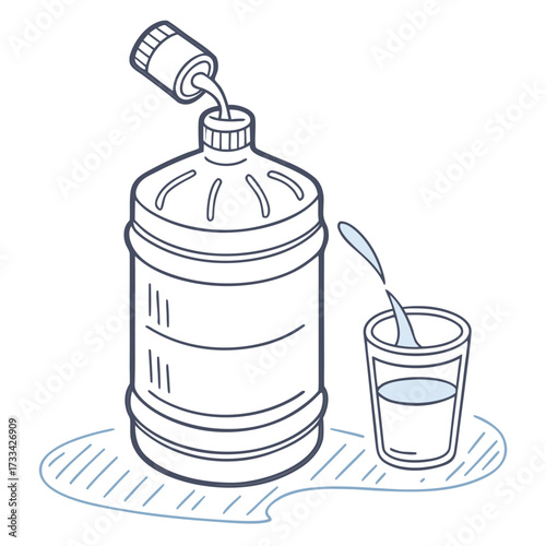 Water pouring from bottle into a glass with a cap beside it in a line drawing illustration style