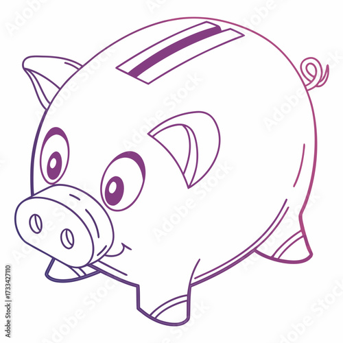 Illustration of a piggy bank with a coin slot and curly tail in purple outline on a white background