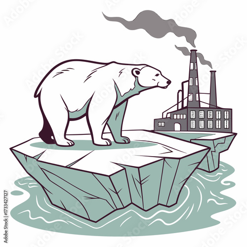 Polar bear standing on melting ice floe with factory emitting smoke in the background illustration