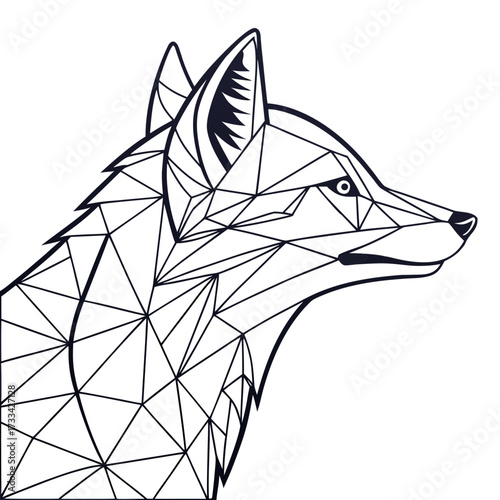 Geometric fox head illustration with triangular facets and sharp lines in black and white style