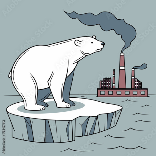 Polar bear on melting ice floe looks towards a polluting factory spewing dark smoke in the arctic landscape