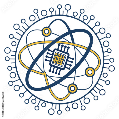 Illustration of a central microchip surrounded by orbiting lines and peripheral circles design art