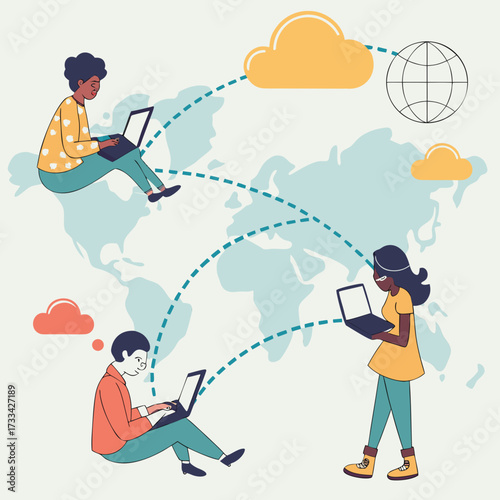 People connecting globally with laptops over a world map with clouds and a globe illustration online 100