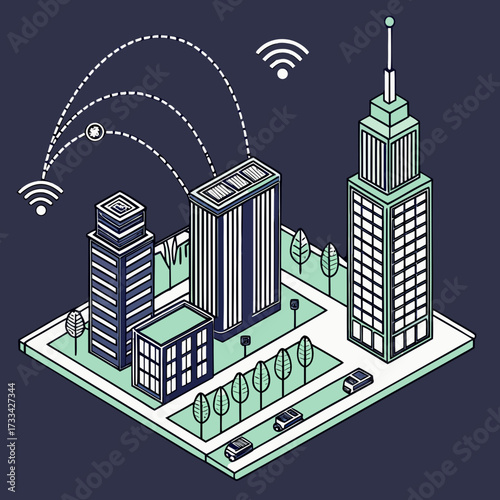 Isometric city illustration with buildings cars trees and wifi signals on a dark blue background view from above