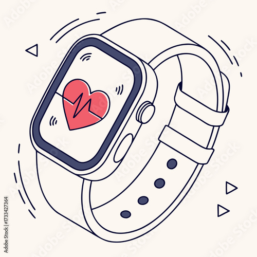 Illustration of a smartwatch with a heart rate monitor displayed on the screen and a white strap