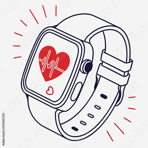 Illustration of a smartwatch with a red heart and heartbeat line on the screen and white band design