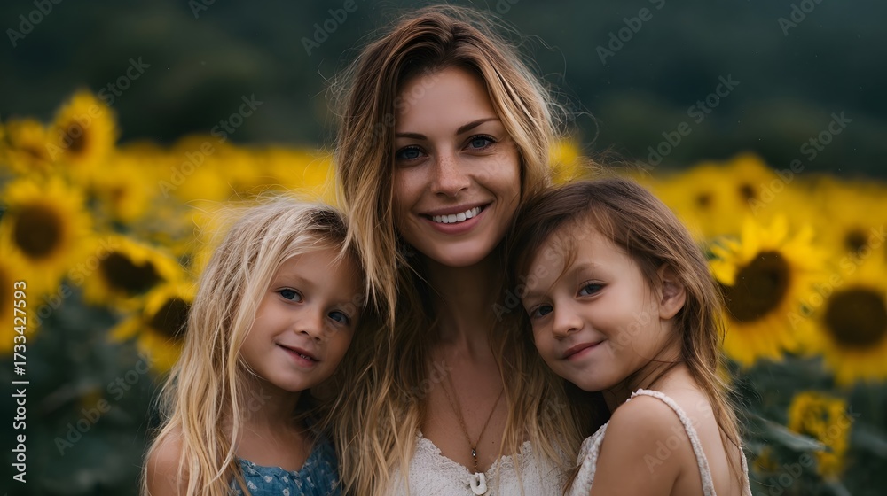 Obraz premium A smiling mother and her two young daughters share a happy moment in a bright sunflower field
