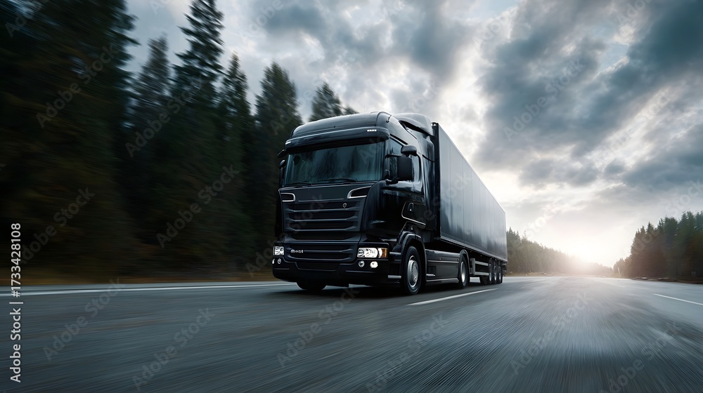 Obraz premium A black semi trailer truck drives down a highway through a forest under a dramatic cloudy sky