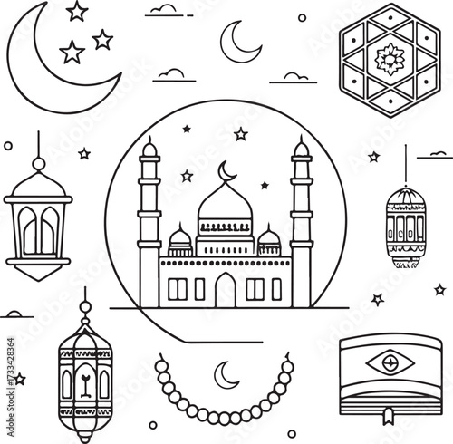 Minimal liner icon design pack, Islamic outline theme, mosque, crescent moon, prayer mat, tasbih, Quran, lantern, kaaba, hajj, and fasting symbols, thin elegant stroke, black and white linear vector i