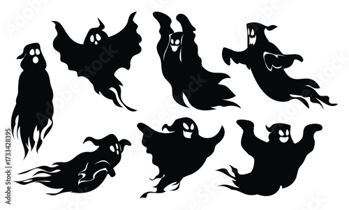 Funny ghost silhouettes set of seven spooky characters in various floating and flying poses on white background. Vector cartoon illustration
