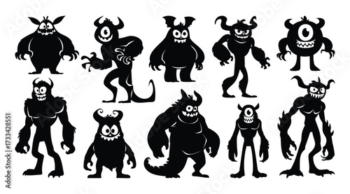 Monster silhouettes set of ten funny and scary creatures with horns, sharp teeth, and one or multiple eyes. Vector cartoon illustration