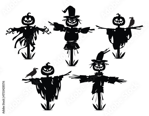 Spooky scarecrow silhouettes set of five various positions with pumpkin head and crow on white background. Vector cartoon illustration