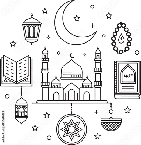 Minimal liner icon design pack, Islamic outline theme, mosque, crescent moon, prayer mat, tasbih, Quran, lantern, kaaba, hajj, and fasting symbols, thin elegant stroke, black and white linear vector i