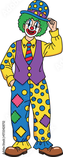 Cartoon clown tipping hat, colorful costume, green curly hair, red nose, cheerful performer, circus character, party theme, playful fun design