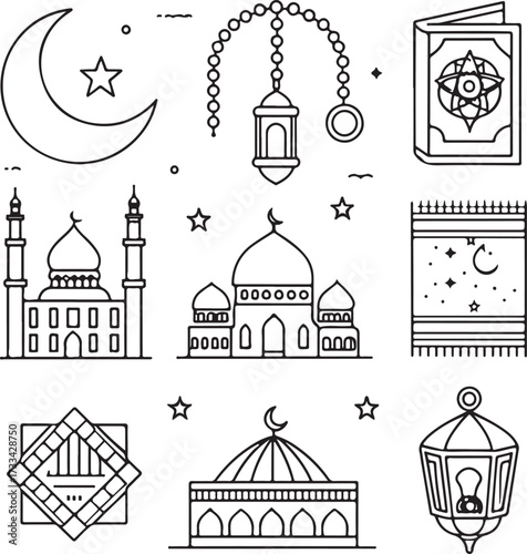 Minimal liner icon design pack, Islamic outline theme, mosque, crescent moon, prayer mat, tasbih, Quran, lantern, kaaba, hajj, and fasting symbols, thin elegant stroke, black and white linear vector i