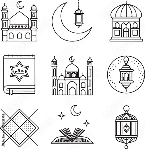 Minimal liner icon design pack, Islamic outline theme, mosque, crescent moon, prayer mat, tasbih, Quran, lantern, kaaba, hajj, and fasting symbols, thin elegant stroke, black and white linear vector i