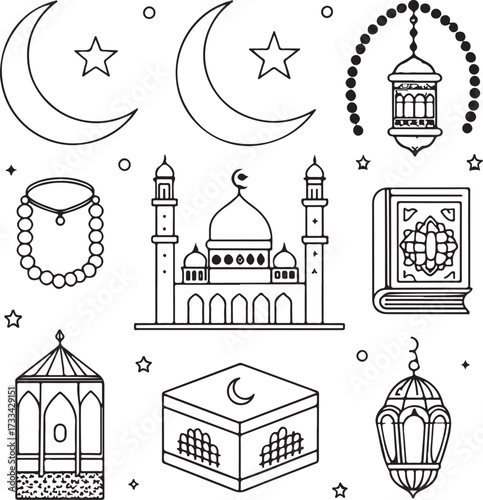 Minimal liner icon design pack, Islamic outline theme, mosque, crescent moon, prayer mat, tasbih, Quran, lantern, kaaba, hajj, and fasting symbols, thin elegant stroke, black and white linear vector i