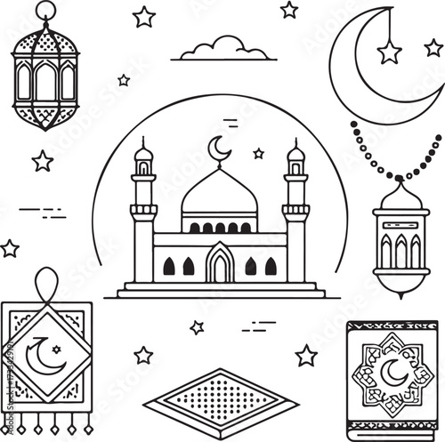 Minimal liner icon design pack, Islamic outline theme, mosque, crescent moon, prayer mat, tasbih, Quran, lantern, kaaba, hajj, and fasting symbols, thin elegant stroke, black and white linear vector i