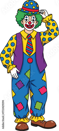 Cartoon clown tipping hat, colorful costume, green hair, red nose, cheerful character, circus performer, party theme, playful fun illustration