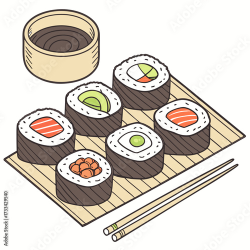 Assorted Sushi Rolls on Bamboo Mat – Flat Vector Illustration