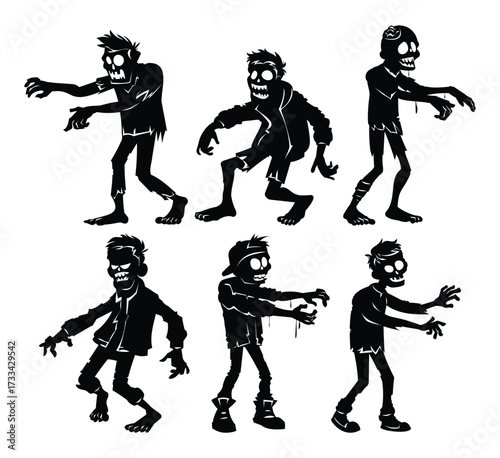 Set of zombie silhouettes walking with outstretched arms and ripped clothes on white background. Vector cartoon illustration