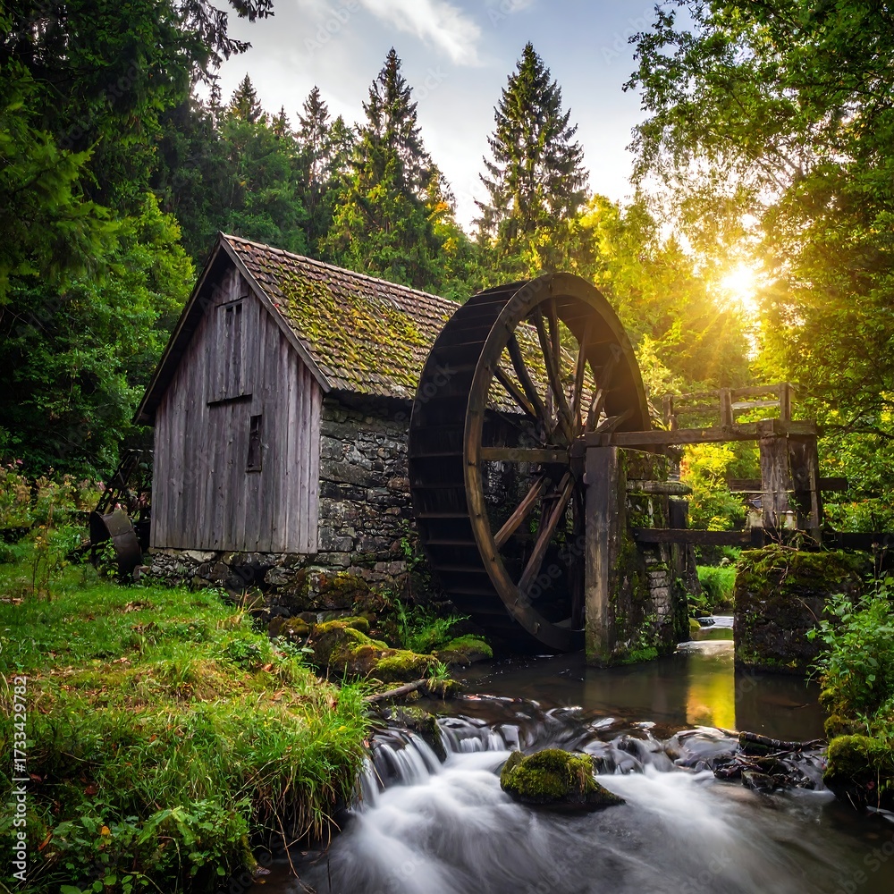 Fototapeta premium Rustic watermill nestled in forest
