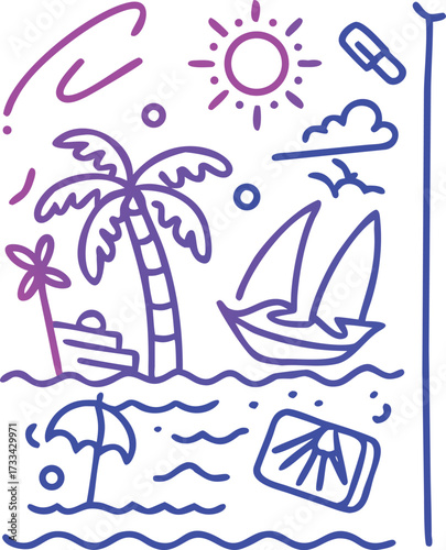 Tropical Getaway A Whimsical Beach Scene Depicting Paradise with Palm Trees, Sailboat, Sun, and Other Summery Elements