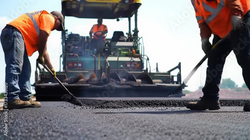 Men in orange vests spread steaming asphalt, paver lays, roller compacts new road at bustling construction site under bright daylight. Concept of modern infrastructure development