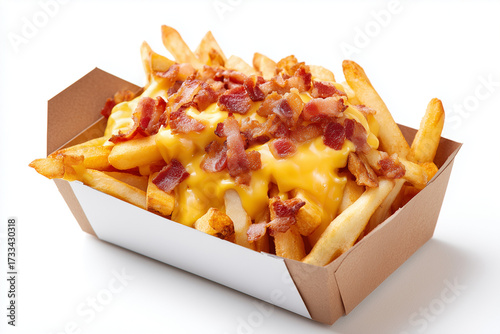 French fries with melted cheese and crispy bacon in a paper tray, isolated on white background.