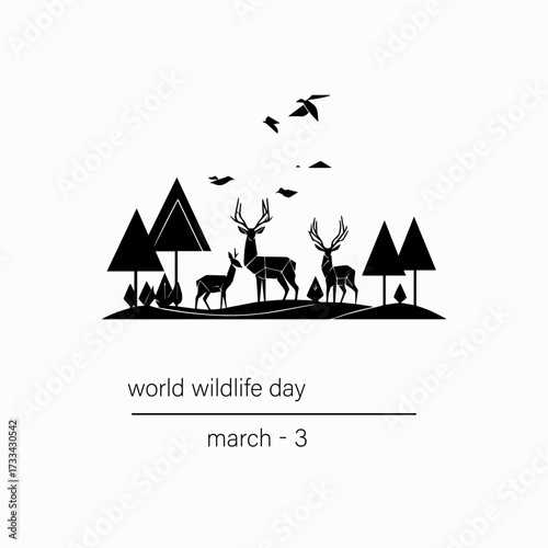 World Wildlife Day vector illustration featuring elephant, lion, deer, and bird in minimalist black and white line art for nature conservation and animal protection poster design