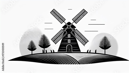 Simple Black and White Icon of a Windmill on a Hill with Trees