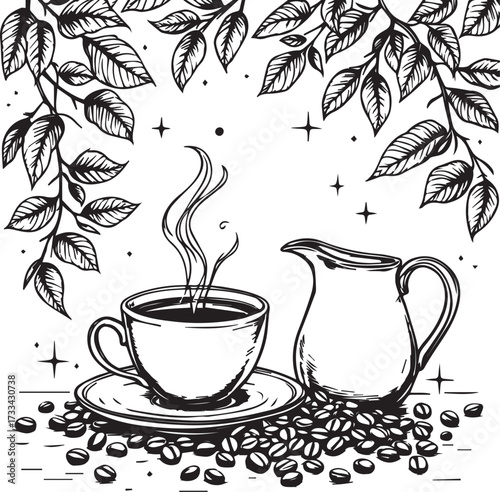 Black and white coffee scene vector with steaming cup, beans, pitcher, leafy branches, and cozy sketch style