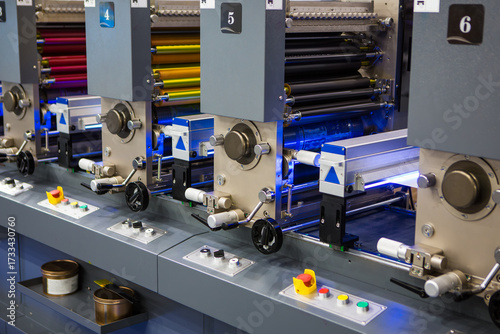 Detailed view of flexographic multi-color industrial printing press rollers. Modern packaging and printing technology.