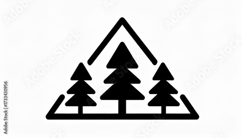 Minimalist black and white vector icon showcasing three stylized evergreen trees thoughtfully arranged within a clean, bold triangular outline, perfect for nature-themed branding