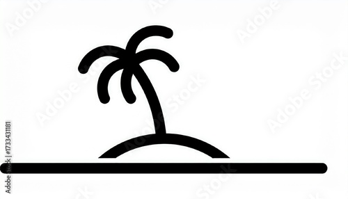 Minimalist black silhouette icon featuring a single tropical palm tree on a desert island, representing holidays, summer travel, and serene beach getaways for design projects