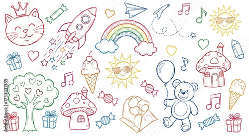 Vector art of collection of handdrawn doodle icons for kids including cat, rocket, rainbow, teddy bear, and ice cream