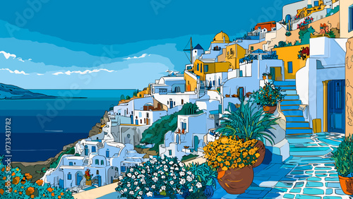 This captivating illustration showcases the iconic beauty of Santorini, Greece. The image features whitewashed houses with blue domed roofs, nestled against the backdrop of the serene Aegean Sea. The 