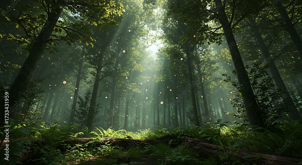 Obraz premium Lush forest scene with sunlight streaming through trees and foliage