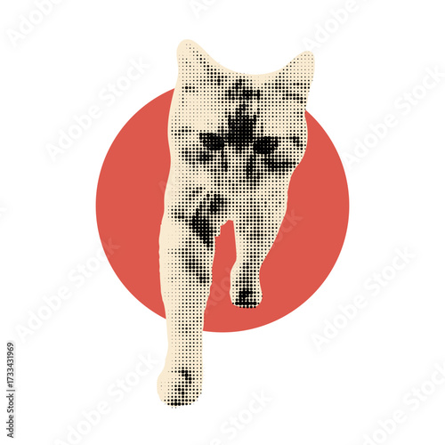 Surreal art collage clipart with halftone cut out cat emerging from red portal. Vintage dotted sticker with Japanese vibe, kitty against red circle. Modern retro mixed media vector illustration