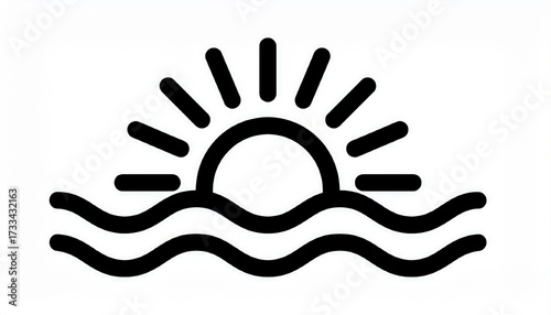 Sunset over the ocean icon, minimalistic black and white illustration, sunrise over the waves design for logo or decoration
