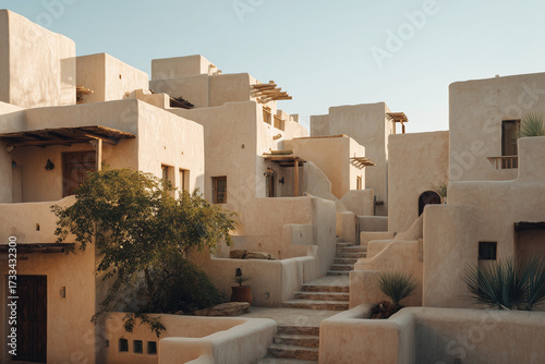 Traditional adobe-style houses with flat roofs and earthy tones under warm desert sunlight. The architecture features stairways, wooden doors, and natural textures typical of Middle Eastern.