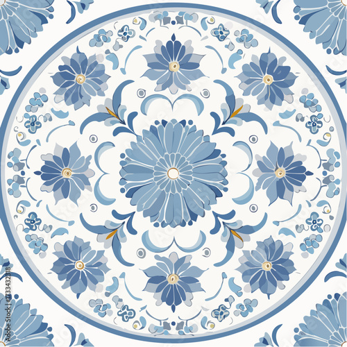 A seamless Chinese porcelain pattern with blue and white floral motifs. Great for packaging, tableware, and cultural decorative branding.