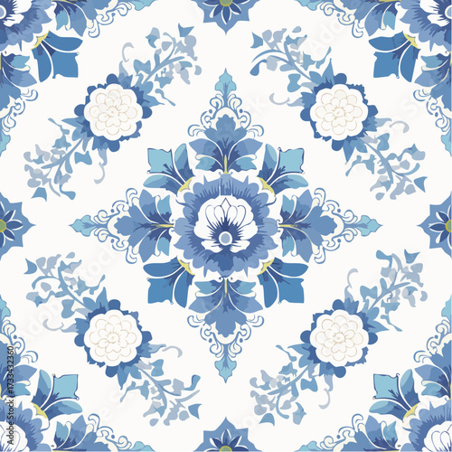 A seamless Chinese porcelain pattern with blue and white floral motifs. Great for packaging, tableware, and cultural decorative branding.