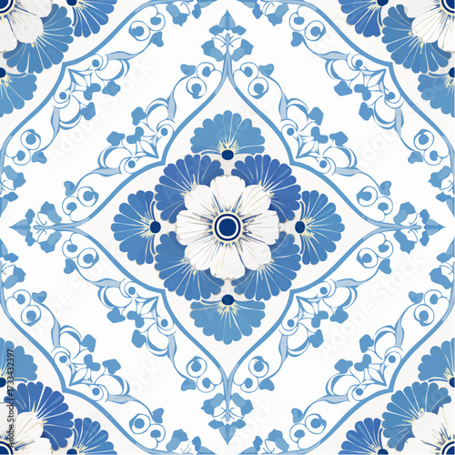 A seamless Chinese porcelain pattern with blue and white floral motifs. Great for packaging, tableware, and cultural decorative branding.