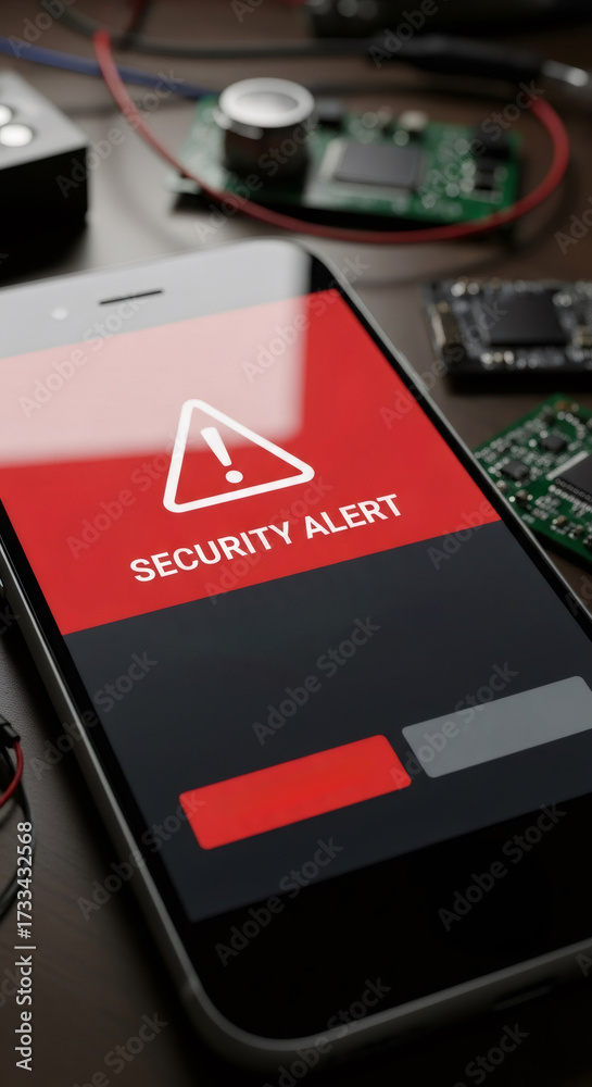 Obraz premium Mobile phone displaying a security alert with a warning sign. Digital data and network protection concept.